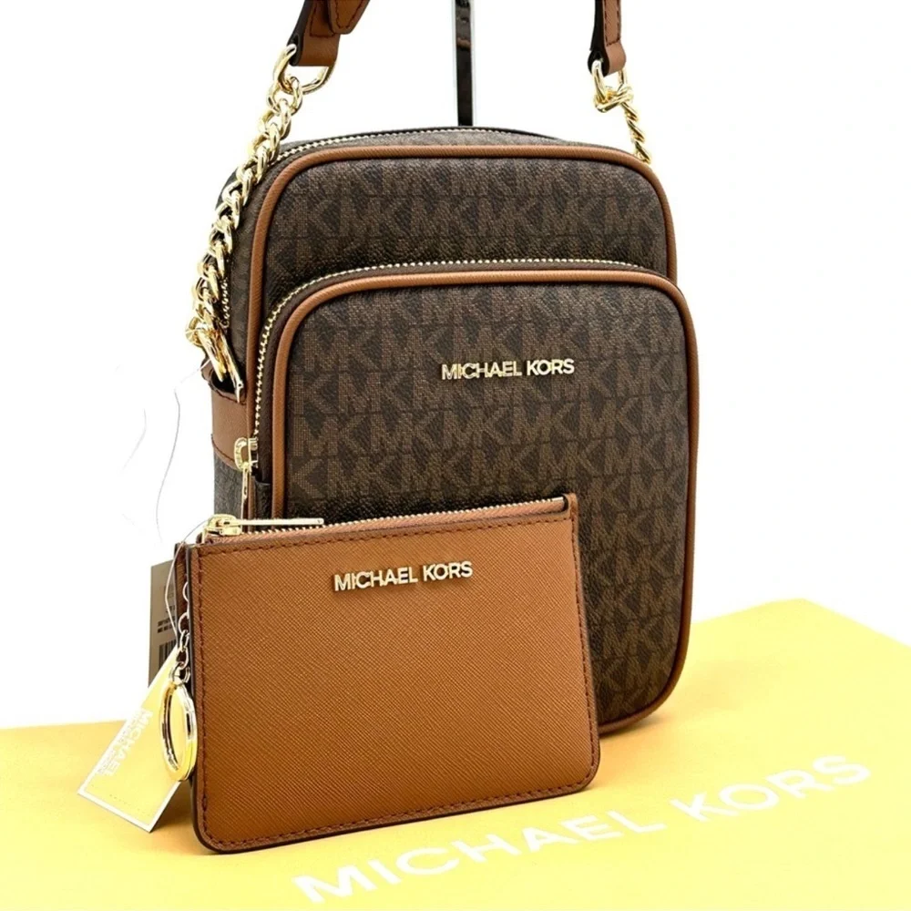 Michael Kors Medium NS Chain Xbody Bag & Small TZ Coinpouch w/ID Brown/Gold - Picture 1 of 13